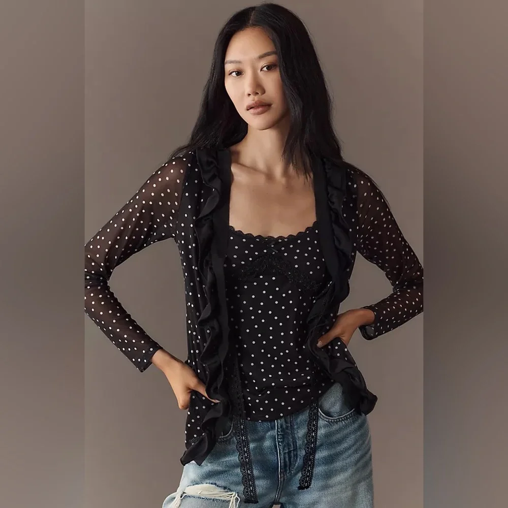 Anthropologie Maeve Lace-Trim Sheer Cardigan Top Polka Dot Black White Medium - Picture 3 of 5